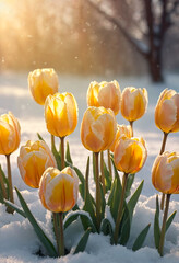 Yellow tulips in the snow. Generative AI