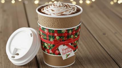 Hot cocoa takeaway cup with holiday sleeve and whipped cream decoration  