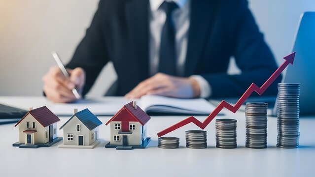 Real estate market is booming now, with agent analyzing growth trends and potential investment opportunities in a modern professional office setting