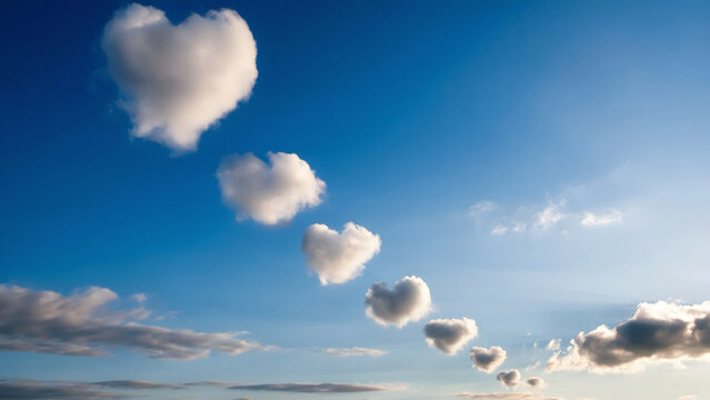 Dreamy heart shaped clouds float serenely in a bright blue sky bringing feelings of love and peace - Powered by Adobe