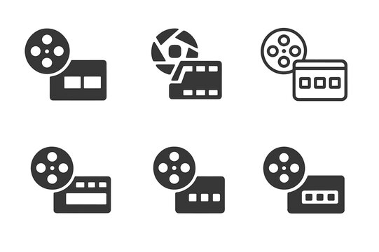 Film Reel Icons. Behind-the-Scenes Content Tips. Icon set. Set Logo of video editing: film reel and timeline interface. harmonious logo variations of the same