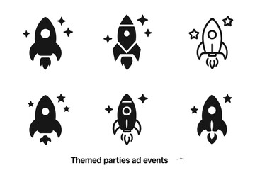 Space Party Icons. Themed parties and events. Icon set. Set Logo of Themed parties and events: space rocket with stars. harmonious logo variations of the same