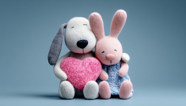 Two Adorable Soft Toy Dog And Rabbit Embrace With A Pink Knitted Heart On Blue Background: A Tender Scene Of Love And Romance