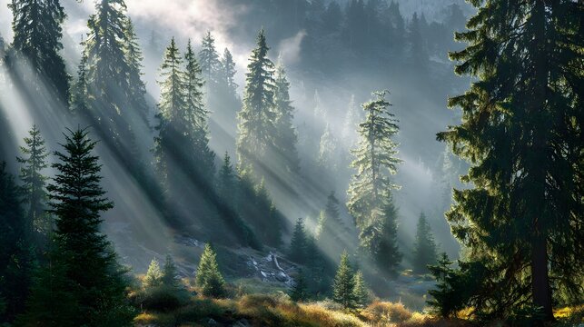 Sunlight rays pierce through dense morning mist covering a slope filled with tall evergreen trees