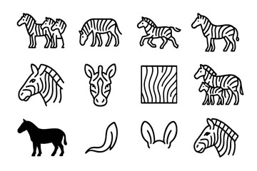 Obraz premium Zebra Icon Line Art. Zebra Herd Icons. Line icon set of Zebra Herd Icons: zebra herd, grazing zebra, running zebra, standing zebra, zebra head, zebra face