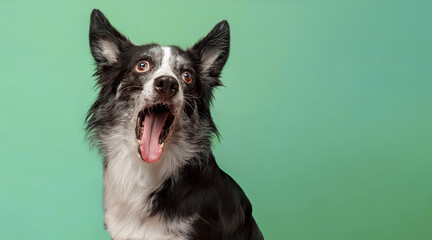 A black-and-white dog with mouth open and ears perked sits against a smooth green background, appearing surprised or excited.