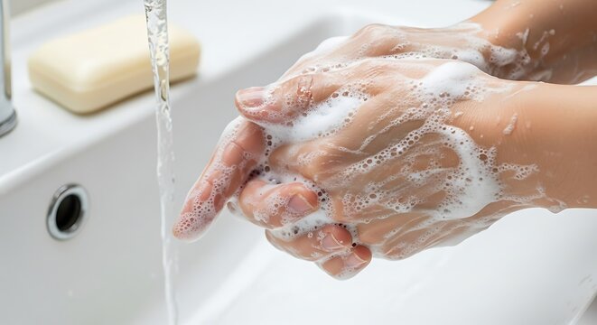 Closeup of hands thoroughly washing with soap and running water over a white sink basin - Powered by Adobe