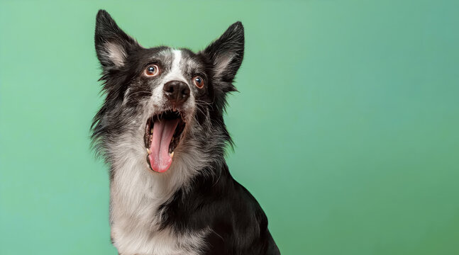 A black-and-white dog with mouth open and ears perked sits against a smooth green background, appearing surprised or excited.