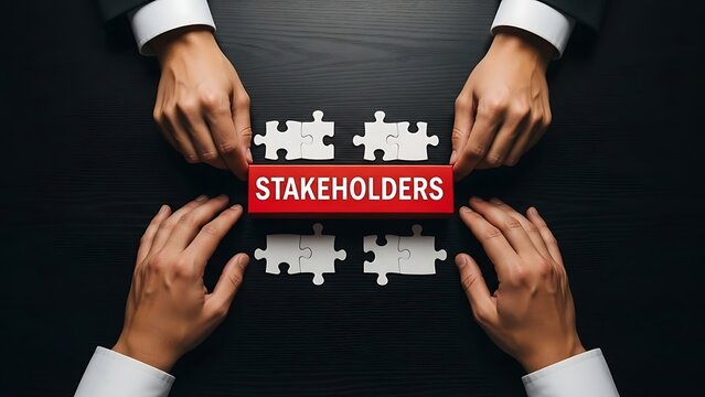 Stakeholders connecting for success with a jigsaw puzzle strategy, symbolizing partnership and collaboration in a professional business setting - Powered by Adobe