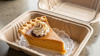 Pumpkin pie takeaway slice with whipped cream in cardboard tray  