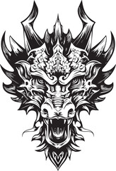 Ferocious Dragon Head Vector Illustration &ndash; Detailed Mythical Beast Line Art