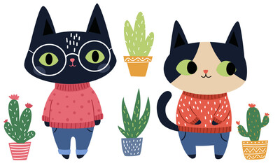 A collection of cute cats wearing human clothes, sweaters, and jeans. Cozy illustrations with houseplants and cacti. Vector illustrations on a white background. . Vector illustration