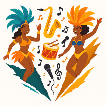Carnival dancers with musical elements torn vector ripped shapes on white background high quality illustration
