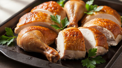 Roast chicken pieces displayed on a tray with garnish  