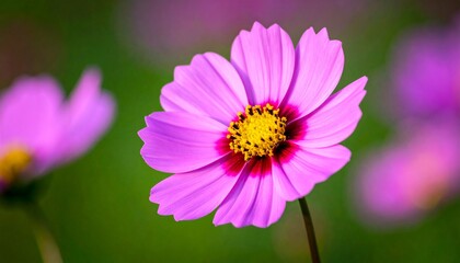 Obraz premium Pink Cosmos Flower in Bloom with Sunset Light Over Field of Blossoms
