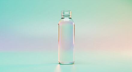 Refreshing glass bottle filled with pure water shimmers with iridescent light, a beacon of hydration and wellness, perfect for health and lifestyle brands