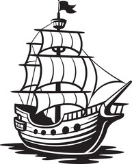 Antique sailing ship with hoisted sails glides through ocean representing voyage era