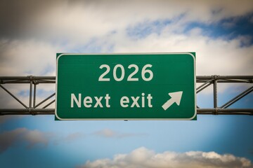Obraz premium 2026 Next Exit Highway Sign – green direction board, sky background, future travel route, Green 2026 Road Exit Sign, highway navigation board, cloudy blue sky, route guidance
