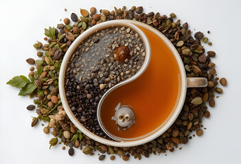 Coffee cup on one side, herbal tea on the other