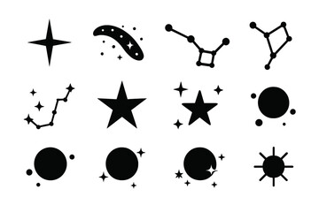 Star Map Icons. Star map. Solid icon set of star map: North Star, Milky Way, Big Dipper, Little Dipper, Orion Belt, Sirius, Vega, Altair, Polaris, Betelgeuse,