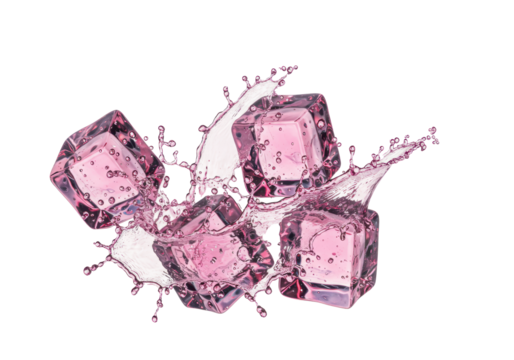 Perfectly geometric, pink, crystal ice cubes splashing vigorously, creating a dramatic crown of ultra-clear water spray on a transparent studio background. Concept for premium beverage advertising