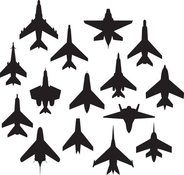 Black Fighter Plane Silhouette Set Featuring Military Aviation and Aircraft Collection