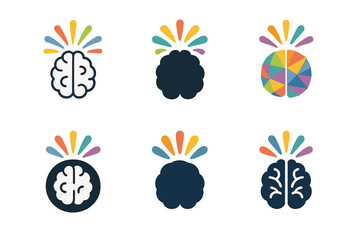 Obraz premium Creative Brain Icons. Neuroscience of creativity. Icon set. Set Logo of creative neuroscience: brain with colorful bursts. harmonious logo variations of the