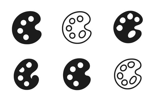 Art Tools Icons. Fine art techniques and tools. Icon set. Set Logo of Fine art techniques and tools: wooden painter?s palette with color wells. harmonious logo