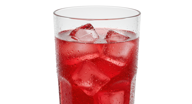Close-up macro shot of a sweating highball glass filled with ruby red fruit cocktail and geometric ice cubes, isolated on a transparent background. Concept for beverage advertising