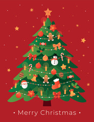 Decorated Christmas Tree on Red Background.Festive Christmas tree illustration decorated with ornaments, lights, candles, holly, candy canes, bows, and holiday elements on a red background