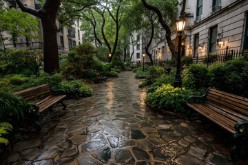 Fototapeta premium Peaceful Garden Pathway After Rain in a City Courtyard During Early Evening