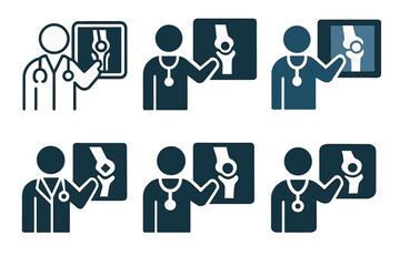 X-ray Logo Variations. Doctor explaining X-ray results. Icon set. Set Logo of Doctor explaining X-ray results: orthopedic knee X-ray with highlighted joint.