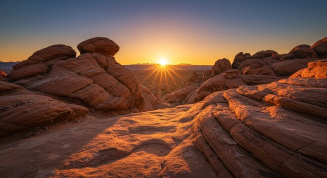 Brilliant sunlight bursts over layered rock formations in a arid landscape at dusk