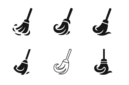 Broom Logo Variations. Sweeping the Floor. Icon set. Set Logo of neatness: broom and dust swirl motif. harmonious logo variations of the same emblematic