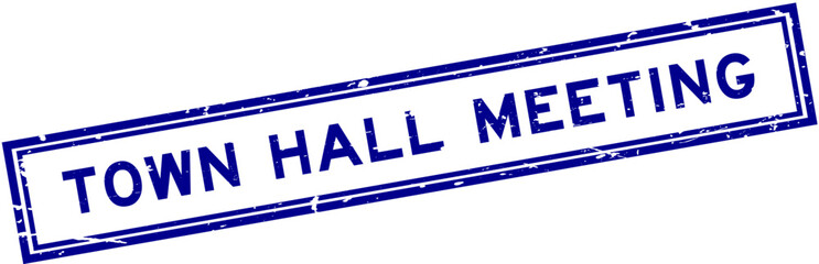 Grunge blue town hall meeting word square rubber seal stamp on white bacckground