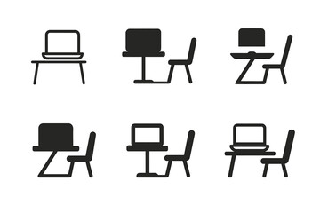 Fototapeta premium Hybrid Workspace Icons. Hybrid Work Environments. Icon set. Set Logo of connected workspace: laptop and office desk linked by network. harmonious