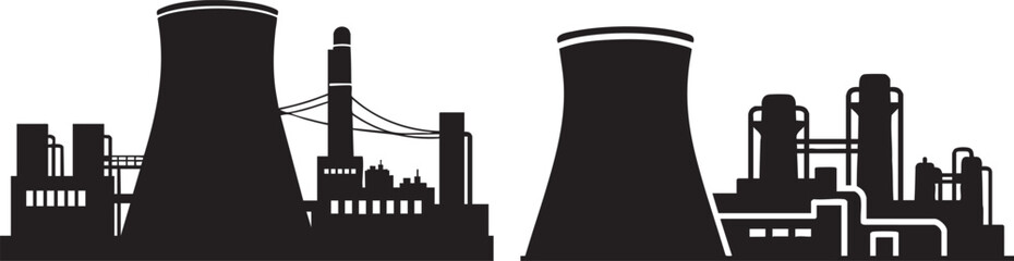 Vector icon of an industrial factory with chimneys and smoke.