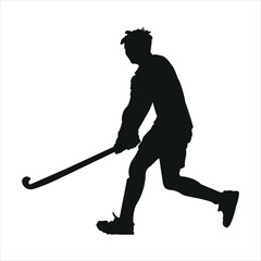 Silhouette of a hockey player in action, isolated on white background