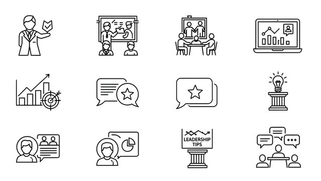 Conjunto de 45 &iacute;conos de l&iacute;nea relacionados con capacitaci&oacute;n, entrenamiento, tutor&iacute;a, educaci&oacute;n, reuniones, conferencias, trabajo en equipo.
 Colecci&oacute;n de iconos de esquema.
 Trazo editable.
 Ilustrac