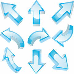 Collection of glossy blue 3d arrows pointing in various directions