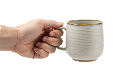 Adult light-skinned hand gripping a textured stoneware teacup with rustic brown trim, isolated on transparent in high-key studio lighting. Concept for artisanal drinkware advertising