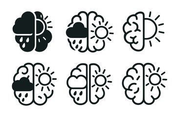 Brain Emotion Icons. The brain's role in anxiety and depression. Icon set. Set Logo of the brain's role in anxiety and depression: brain with storm cloud and