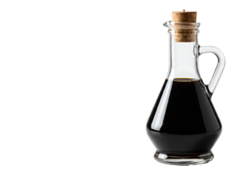 highly reflective hand-blown glass cruet containing dark, viscous balsamic vinegar, sealed with a natural cork stopper, isolated on a seamless transparent background. concept for premium product