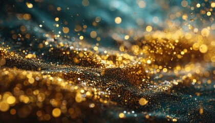Abstract Elegance: Detailed Underwater Flow Of Gold Glitter Particles With Shallow Depth Of Field, Creating Holiday Magic And Festive Shimmer.