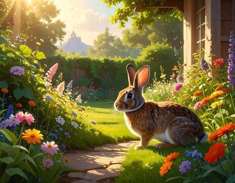A fluffy brown rabbit sits in a vibrant garden path surrounded by colorful wildflowers and lush greenery under sunlight - Powered by Adobe