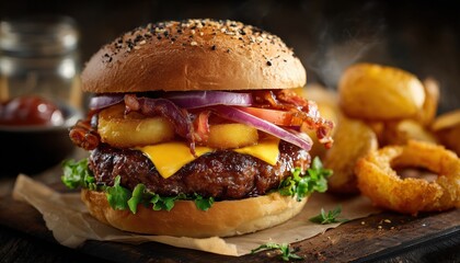 Savory Hamburger Featuring Cheddar Cheese, Lettuce, Tomato, Red Onion Rings, Grilled Bacon, On Homemade Bread, And Served With Rustic Potatoes And Bbq Sauce.