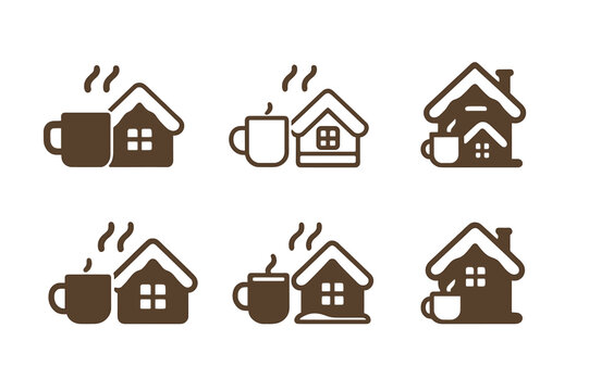 Chalet Celebration Icons. Winter ski lodge or chalet celebration. Icon set. Set Logo of winter ski lodge or chalet celebration: hot drink mug beside snow