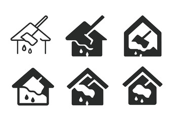 Melting Snow Logos. Melting snow off roof. Icon set. Set Logo of Melting snow off roof: roof rake pulling snow from eaves. harmonious logo variations of the