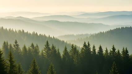 Obraz premium copas de abetos en una mañana brumosa. maravilloso fondo natural con luz solar entrando a través de la niebla. atmósfera luminosa y soleada