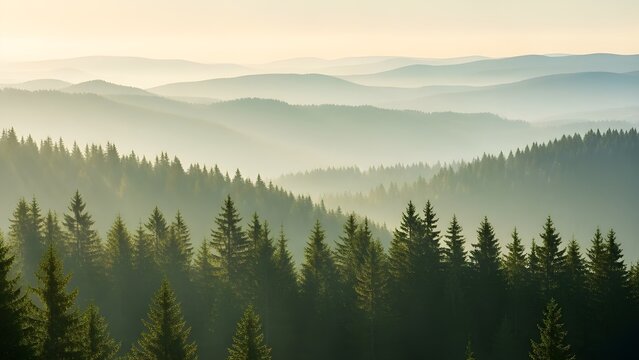copas de abetos en una ma&ntilde;ana brumosa.
 maravilloso fondo natural con luz solar entrando a trav&eacute;s de la niebla.
 atm&oacute;sfera luminosa y soleada